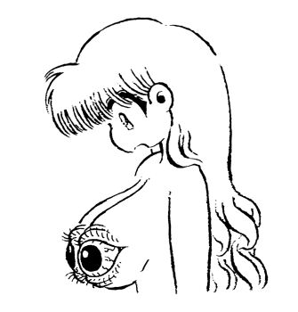 15ooo 1girl breasts cleavage extra_eyes eyelashes greyscale highres large_breasts long_hair misplaced_genitals monochrome nude original profile simple_background solo surreal upper_body what white_background