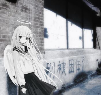 1girl against_wall angel_wings arms_at_sides black_eyes black_ribbon black_skirt blunt_bangs brick_wall chinese_text feathered_wings from_side graffiti hair_ornament hair_ribbon halo long_hair looking_at_viewer neckerchief original pale_skin photo_background ribbon school_uniform serafuku shirt skirt solo traditional_halo translation_request white_hair white_halo white_neckerchief white_shirt white_wings wide_shot wind wings zi_qi_xiang