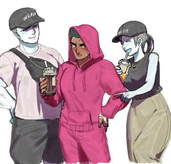 Rule 34 | 1girl, 2boys, annoyed, bag, baseball cap, belt, black hair, black tank top, blue skin, blush, breasts, brown hair, casual, closed eyes, colored skin, commentary, cup, dancho no mori, dark-skinned male, dark skin, disposable cup, drink, drinking straw, fanny pack, food, grey skin, hand on own hip, handbag, happy, hat, highres, holding, holding cup, holding drink, holding food, hood, hood up, hoodie, jacket, laughing, little mac, long hair, long skirt, loose clothes, male focus, metal skin, multiple boys, muscular, muscular male, nintendo, open mouth, pants, pink hoodie, pink jacket, pink pants, pink shirt, pointing, pointing at another, ponytail, punch-out!!, shirt, short hair, shorts, simple background, skirt, sleeveless, sleeveless shirt, smile, super smash bros., sweatdrop, sweatpants, symbol-only commentary, tank top, thick eyebrows, white background, white skin, wii fit, wii fit trainer, wii fit trainer (female), wii fit trainer (male)