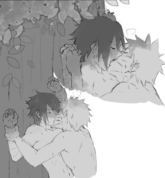 Rule 34 | 2boys, against tree, blush, commentary, english commentary, facial mark, french kiss, greyscale, holding another's wrist, kiss, male focus, monochrome, multiple boys, naruto (series), nude, spiked hair, sweat, themidnights0ng, tree, uchiha sasuke, upper body, uzumaki naruto, whisker markings, yaoi