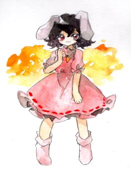 1girl :3 animal_ears bare_arms black_hair carrot_necklace commentary dress frilled_sleeves frills full_body highres inaba_tewi jewelry key747h looking_at_viewer lop_rabbit_ears necklace no_shoes painting_(medium) pink_dress pink_socks puffy_short_sleeves puffy_sleeves rabbit_ears rabbit_girl red_eyes short_hair short_sleeves simple_background socks solo touhou traditional_media watercolor_(medium) white_background