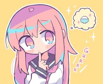 1girl black_sailor_collar blush_stickers bowl closed_mouth commentary double-parted_bangs hair_between_eyes hand_up highres index_finger_raised long_hair long_sleeves neckerchief original outline petal_on_head pink_eyes pink_hair pink_neckerchief rice richard_(richaball) sailor_collar school_uniform serafuku shirt sidelocks simple_background solo sparkle spoken_food upper_body white_outline white_shirt yellow_background