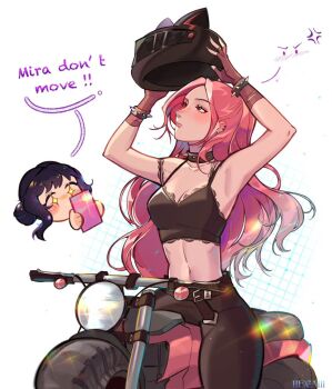 Rule 34 | 2girls, alternate costume, anger vein, artist name, black bra, black hair, black pants, bra, bracelet, commentary, english commentary, english text, fingerless gloves, gloves, hegaiii, helmet, holding, holding phone, holding unworn helmet, jewelry, kpop demon hunters, long hair, midriff, mira (kpop demon hunters), motor vehicle, motorcycle, motorcycle helmet, multiple girls, navel, on motorcycle, pants, phone, pink hair, spiked bracelet, spikes, taking picture, underwear, unworn headwear, unworn helmet, zoey (kpop demon hunters)