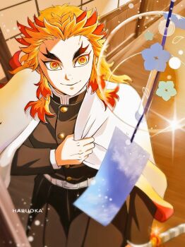 1boy artist_name belt black_hakama black_jacket blonde_hair closed_mouth colored_tips demon_slayer_uniform forked_eyebrows from_above hakama haori haruoka holding holding_sword holding_weapon jacket japanese_clothes katana kimetsu_no_yaiba long_hair male_focus multicolored_hair orange_eyes red_hair rengoku_kyoujurou sidelocks smile solo sword weapon white_belt white_haori