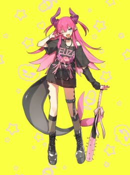 1girl ;d belt_collar black_boots black_shirt black_socks blue_eyes boots chain chain_necklace character_name character_print collar commentary_request elizabeth_bathory_(fate) elizabeth_bathory_(perfect)_(first_ascension)_(fate) fate/grand_order fate_(series) finger_cots full_body highres jewelry kabutomushi_s kneehighs lace-up_boots legwear_garter long_hair looking_at_viewer necklace one_eye_closed open_mouth pink_hair platform_boots pointy_ears pumpkin self_character_print shirt single_legwear_garter smile socks solo star_(symbol) tail v v_over_eye very_long_hair watermark yellow_background