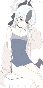 1girl art_program_in_frame bare_shoulders black_bow black_choker black_dress black_hair black_horns blue_archive blush bow breasts bright_pupils brown_cardigan cardigan choker cleavage closed_mouth collarbone commentary covered_navel demon_girl demon_horns demon_wings double-parted_bangs dress ear_piercing earrings eyelashes feet_out_of_frame grey_halo hair_behind_ear hair_between_eyes hair_bow halo hand_up highres horns ibispaint_(medium) jewelry kayoko_(blue_archive) kayoko_(dress)_(blue_archive) long_hair long_sleeves looking_at_viewer mole mole_on_neck multicolored_hair official_alternate_costume official_alternate_hairstyle open_cardigan open_clothes piercing red_eyes short_dress side_slit simple_background single_wing sitting sleeveless sleeveless_dress small_breasts smile solo straight_hair two-tone_hair wa_sumi white_background white_hair white_pupils wings