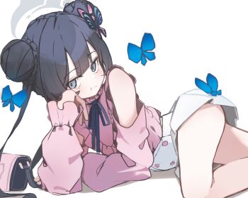 1girl :t absurdres alternate_costume bag bare_legs black_hair black_ribbon blue_archive blue_butterfly braid braided_bun bug butterfly butterfly_hair_ornament buttons closed_mouth clothing_cutout double_bun frilled_sleeves frills grey_eyes grey_halo hair_bun hair_ornament halo hand_on_own_cheek hand_on_own_face head_on_hand highres insect jirai_kei kisaki_(blue_archive) loli long_hair long_sleeves looking_at_viewer lying mangotonic neck_ribbon on_side pink_bag pink_shirt pout ribbon shirt shirt_tucked_in shoulder_cutout simple_background skirt solo thighs twintails very_long_hair white_background white_skirt