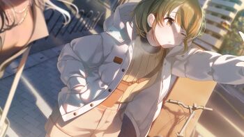 building buttons game_cg green_eyes green_hair hand_in_pocket hood hoodie idolmaster_shiny_colors idolmaster_shiny_colors_song_for_prism jewelry nanakusa_nichika necklace official_art one_eye_closed shorts