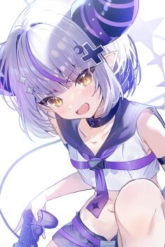 1girl absurdres arm_strap black_pants cable collar collarbone controller cowboy_shot crescent crescent_hair_ornament crop_top demon_horns fangs hair_intakes hair_ornament highres holding holding_controller hololive horns la+_darknesss light_blush looking_at_viewer metal_collar multicolored_hair multicolored_horns navel open_mouth pants plus_sign pointy_ears purple_streaks sailor_collar shirt short_hair short_shorts shorts sidelocks skin_fangs sleeveless sleeveless_shirt slit_pupils solo star_(symbol) star_hair_ornament stomach streaked_hair striped_horns tail virtual_youtuber wasemkn white_hair white_shirt yellow_eyes