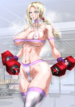 Rule 34 | 1girl, abs, absurdres, areola slip, blonde hair, blue eyes, braid, breasts, choker, cleavage, covered erect nipples, dumbbell, earrings, fingerless gloves, gloves, highres, huge breasts, jewelry, long hair, muscular, muscular female, navel, nina williams, open mouth, purple choker, single braid, skindentation, solo, tekken, thighhighs, thighs, yuri ai