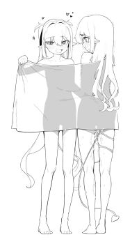 2girls absurdres barefoot blue_archive closed_mouth demon_tail greyscale hair_between_eyes heart highres hikari_(blue_archive) holding holding_towel incest kawaiihusky long_hair looking_at_viewer monochrome multiple_girls nozomi_(blue_archive) open_mouth pointy_ears pussy_juice see-through_silhouette siblings simple_background sisters smile standing tail tail_around_another&#039;s_leg tail_wrap towel trembling twintails white_background yuri