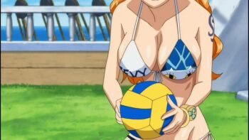 1girl animated animated_gif bikini bouncing_breasts breasts cleavage huge_breasts large_breasts long_hair nami_(one_piece) one_piece orange_hair swimsuit tattoo