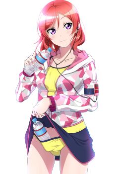 1girl black_skirt blush bottle breasts clothes_lift collarbone commentary_request head_tilt highres holding holding_bottle hood hood_down jacket kuruuno looking_at_viewer love_live! love_live!_school_idol_project medium_breasts nishikino_maki object_in_clothes object_in_panties panties pink_jacket purple_eyes red_hair shirt short_hair simple_background skirt skirt_lift solo underwear water_bottle white_background yellow_panties yellow_shirt