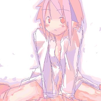 1girl archived_source asami_natsuhito blush_stickers bottomless collared_shirt dress_shirt hands_on_ground jaggy_lines long_sleeves looking_at_viewer lowres medium_hair no_sclera nude original pale_color pastel_colors pink_eyes pink_hair shirt simple_background sitting sleeve_cuffs solo spiked_hair straight_hair wariza white_background white_shirt white_sleeves wing_collar