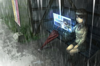 1girl arm_up bad_id bad_pixiv_id bag black_hair black_socks blue_eyes bus_stop female_focus floating_screen grass hand_on_thigh holographic_interface holographic_monitor kneehighs original rain ribbon road school_bag school_uniform seafh shoes short_hair sign sitting skirt socks solo sweater technology umbrella