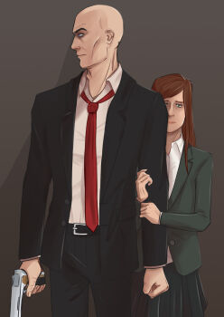 1boy 1girl absurdres agent_47 bald belt black_jacket black_pants black_suit blazer brown_hair dress_shirt evilhellcrow formal_clothes green_eyes grey_background grey_jacket grey_skirt gun handgun height_difference hiding hiding_behind_another highres hitman_(game) hitman_absolution holding holding_another&#039;s_arm holding_gun holding_weapon jacket long_hair long_sleeves looking_to_the_side loose_necktie necktie no_gloves pants red_necktie shirt simple_background skirt suit suit_jacket suppressor turning_head victoria_(hitman) victoria_(hitman_absolution) weapon white_shirt