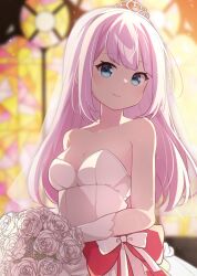 Rule 34 | 1girl, assault lily, bare shoulders, blue eyes, blunt bangs, blurry, blurry background, bouquet, breasts, bridal veil, bride, closed mouth, collarbone, commentary request, commission, dress, flower, gloves, hair down, highres, holding, holding bouquet, indoors, long hair, looking at viewer, medium breasts, morugen, pink hair, rose, sadamori himeka, skeb commission, smile, solo, stained glass, standing, strapless, strapless dress, tiara, upper body, veil, wedding dress, white dress, white flower, white gloves, white rose