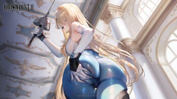 1girl absurdres ass ass_focus blonde_hair bodystocking breasts brown_dust_(series) brown_dust_2 curvy deep_skin from_behind gloves grabbing_own_ass hair_between_eyes hand_on_own_ass highres huge_ass large_breasts long_hair lower_body official_art palace skin_tight solo spread_ass thick_thighs thighs very_long_hair white_gloves wide_hips wilhelmina_(brown_dust) wilhelmina_(iron_monarch)_(brown_dust) wilhelmina_stretch_(meme)
