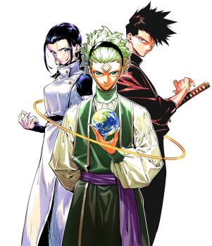 1girl 2boys bandaid bandaid_on_face bandaid_on_forehead black_hair black_hairband blue_eyes breasts closed_mouth cowboy_shot earrings earth_(planet) facial_mark green_eyes hairband highres holding_planet iwasaki_yuuji jacket jewelry jujutsu_kaisen jujutsu_kaisen_modulo male_focus marulu_val_vol_yelvori medium_breasts medium_hair multiple_boys official_art okkotsu_tsurugi okkotsu_yuka orbital_path planet purple_sash robe sash short_hair simple_background simurian spiked_hair white_background