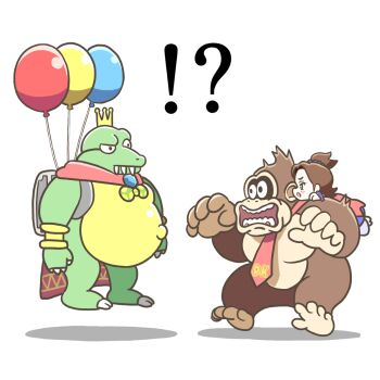 Rule 34 | !?, 1girl, 2boys, ape, balloon, black eyes, blue pants, bow, bowtie, bracelet, brown hair, cape, crocodilian, crown, donkey kong, donkey kong (series), donkey kong bananza, fat, fat man, floating, green bow, green bowtie, highres, jewelry, king k. rool, mini crown, multiple boys, necktie, nintendo, pants, pauline (mario), pauline (young) (mario), polka dot, polka dot bow, polka dot bowtie, red cape, red necktie, red shirt, shirt, surprised, wankosobatarou, white background