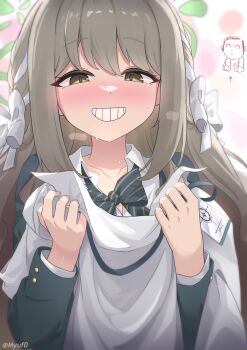 1boy 1girl :d absurdres arrow_(symbol) artist_name atsuko&#039;s_grin_(meme) backlighting blazer blue_archive blush bow bowtie braid collarbone collared_shirt commentary diagonal-striped_bow diagonal-striped_bowtie diagonal-striped_clothes doodle_inset doodle_sensei_(blue_archive) english_commentary green_eyes green_halo green_jacket grin hair_between_eyes hair_bow hair_ribbon halo hands_up highres holding holding_shirt holding_unworn_clothes id_card jacket lanyard long_hair long_sleeves looking_at_object looking_down loose_bowtie meme miyo_(blue_archive) myuf nose_blush open_clothes open_jacket open_mouth ribbon ribbon_braid sensei_(blue_archive) shirt sidelocks simple_background smile solo_focus striped_bow striped_bowtie striped_clothes sweat twitter_username unworn_shirt upper_body variant_set very_long_hair white_bow white_shirt