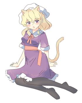 1girl animal_ears black_pantyhose blonde_hair blush breasts cat_ears cat_tail collared_dress commentary contrast_collar dress english_commentary frilled_dress frilled_shirt_collar frills hand_rest hat highres kemonomimi_mode maribel_hearn medium_hair mob_cap nagatsuki_kei_(nagatsuki22) neck_ribbon open_mouth pantyhose purple_dress purple_eyes red_ribbon red_sash ribbon sash simple_background sitting solo tail touhou white_background white_hat