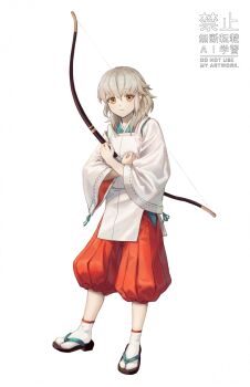 1boy aged_down androgynous bow_(weapon) closed_mouth commentary_request fire_emblem fire_emblem_fates full_body grey_hair hair_down highres holding holding_bow_(weapon) holding_weapon long_hair looking_at_viewer male_focus nintendo pants red_pants sandals seyeong_grim simple_background socks solo tabi takumi_(fire_emblem) watermark weapon white_background white_socks yellow_eyes zouri