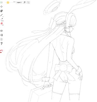 Rule 34 | 1girl, animal ear hairband, animal ears, art program in frame, ass, back bow, backless leotard, blue archive, bow, braid, briefcase, fake animal ears, fake tail, floating hair, from behind, hair bow, hairband, half up braid, halo, holding, holding briefcase, leotard, lineart, long hair, looking at viewer, looking back, official alternate costume, okimiyage (oitekuze kore), playboy bunny, rabbit ear hairband, rabbit ears, rabbit tail, simple background, solo, tail, thighhighs, toki (blue archive), toki (bunny) (blue archive), white background, wrist cuffs