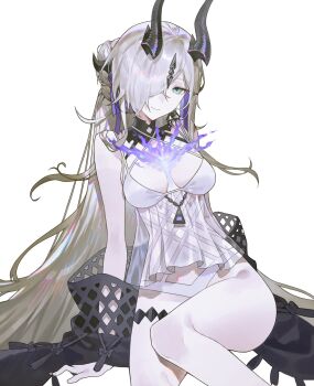 1girl aqua_eyes arknights bikini breasts closed_mouth clothes_down fire grey_hair hair_over_one_eye hashtag-only_commentary highres long_hair looking_at_viewer medium_breasts necrass_(arknights) necrass_(summer_flowers)_(arknights) official_alternate_costume one_eye_covered purple_fire see-through_clothes simple_background sitting smile solo somok swimsuit white_background white_bikini