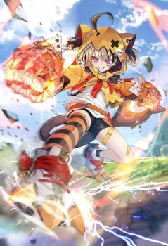 1girl absurdres ahoge black_shorts brown_hair clawed_boots clenched_hands commentary english_commentary flaming_hand gauntlets gigi_murin gigi_murin_(1st_costume) grin highres hololive hololive_english hood hoodie orange_hoodie pepamaro pink_eyes shirt shorts single_thighhigh smile sparks tail thighhighs twintails virtual_youtuber white_shirt zipper