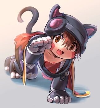 Rule 34 | 1boy, :3, all fours, animal ear helmet, animal ears, animal ears helmet, animal helmet, aq gohan, brown eyes, brown hair, cape, cat helmet, cat tail, dark skin, facial mark, fang, hair between eyes, helmet, made in abyss, mechanical arms, nipples, open mouth, paw pose, red cape, reg (made in abyss), short hair, simple background, smile, tail, topless male, white background