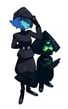 2girls blue_eyes cape cosplay darth_vader darth_vader_(cosplay) discount-supervillain full_body gloves height_difference helmet highres holding lapis_lazuli_(steven_universe) multiple_girls peridot_(steven_universe) short_hair star_wars steven_universe