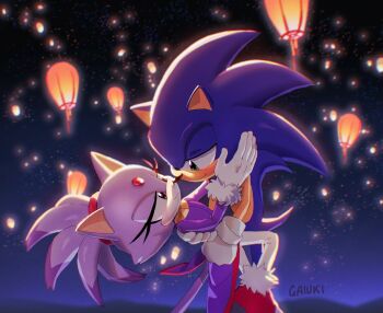 1boy 1girl animal_ears artist_name blaze_the_cat blue_fur cat_ears cat_girl cat_tail commentary commission english_commentary forehead_jewel furry furry_female furry_male gaiuki3276 gloves green_eyes highres lantern night night_sky paper_lantern ponytail purple_fur sky smile sonic_(series) sonic_the_hedgehog tail white_gloves yellow_eyes