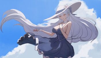 Rule 34 | 1girl, absurdres, armpit crease, artist request, blue camisole, blue gem, blue ribbon, blue skirt, blue sky, breasts, buttons, camisole, cloud, collar, commentary request, commission, day, detached collar, dot nose, erikon (eruge), eyebrows hidden by hair, feet out of frame, fingerless gloves, floating clothes, floating hair, flower, frilled skirt, frills, gem, gloves, hair between eyes, half updo, hand on own chest, hat, hat flower, highres, jewelry, korean commentary, large breasts, looking ahead, necklace, original, outstretched hand, parted lips, ribbon, sideboob, sketch, skirt, sky, spaghetti strap, standing, wavy hair, white collar, white flower, white gloves, white hair