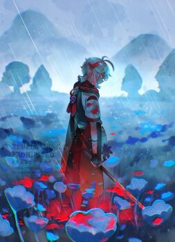 Rule 34 | 1boy, antenna hair, artist name, bandaged arm, bandages, black gloves, black haori, black scarf, blood, blood on clothes, bloody weapon, blue flower, brown pants, commentary request, fingerless gloves, flower, genshin impact, gloves, glowing, glowing eyes, grass, hair between eyes, haori, highres, holding, holding sword, holding weapon, jagabokkuru, japanese clothes, kaedehara kazuha, kimono, looking at viewer, looking back, low ponytail, male focus, medium hair, mountainous horizon, multicolored hair, outdoors, overcast, pants, ponytail, rain, red eyes, red scarf, red streaks, scarf, short sleeves, sidelocks, signature, sky, solo, standing, streaked hair, sword, tree, vision (genshin impact), watermark, weapon, white flower, white hair, white kimono