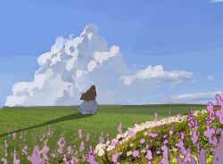 Rule 34 | 1girl, blue sky, catherine (project moon), cloud, dress, floating clothes, floating hair, flower, from behind, grass, highres, hill, ieung ieung 94286317, korean commentary, limbus company, long dress, long hair, project moon, purple flower, scenery, sky, solo focus, white dress
