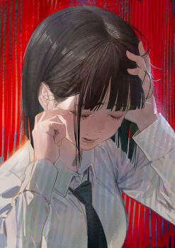 1girl absurdres arm_up black_hair black_necktie breasts closed_eyes collared_shirt ddal dress_shirt eyebrows_hidden_by_hair hand_on_own_head hand_up highres long_sleeves medium_breasts necktie original parted_lips shirt solo tears thick_eyebrows upper_body white_shirt