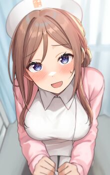 1girl :d alternate_costume blue_eyes blush breasts brown_hair collared_dress commentary_request dress gakuen_idolmaster hat highres himesaki_rinami idolmaster jacket large_breasts long_hair looking_at_viewer nurse_cap open_clothes open_jacket open_mouth pink_jacket shiitake_taishi smile solo sweatdrop tongue white_dress white_hat