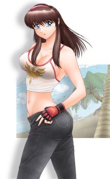 ass bai_xie_meng blue_eyes breasts brown_hair cleavage covered_erect_nipples dead_or_alive denim fingerless_gloves gloves hairband hands_on_own_hips hitomi_(doa) large_breasts long_hair looking_to_the_side midriff open_mouth palm_tree pink_hairband red_gloves sidelocks tank_top tree white_tank_top