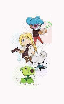 1boy 1girl 1other :| arm_at_side artist_name bag black_bag black_eyes black_shirt black_shoes black_shorts black_sweater blonde_hair blue_background blue_eyes blue_hair blue_mask boots border brown_boots brown_gloves closed_mouth coat commentary crossover expressionless fewer_digits film_grain fingerless_gloves gloves green_background grey_border grey_cloak gun halftone halftone_background handgun highres hightguy holding holding_gun holding_weapon hollow_eyes hollow_knight horned_mask jitome knee_boots knight_(hollow_knight) leaf long_hair long_sleeves mask nail_(hollow_knight) no_nose open_clothes open_coat outline outside_border pants peashooter_(plants_vs._zombies) plant plants_vs._zombies purple_background rachel_gardner red_background red_pants sal_fisher sally_face satsuriku_no_tenshi shirt shoes short_hair shorts shoulder_bag simple_background solid_oval_eyes spiked_ear_piercing straight_hair striped_clothes striped_sweater sweater symbol-only_commentary torn_clothes torn_pants turtleneck turtleneck_sweater twintails two-tone_sweater weapon white_coat white_mask white_outline white_sweater wi-fi_symbol