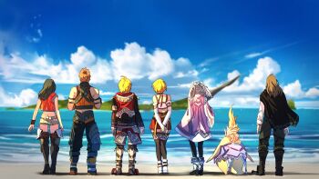 3boys 3girls absurdres arms_behind_back baggy_pants black_boots black_hair black_shoes blonde_hair blue_sky boots brown_hair cape cloud crop_top curly_hair detached_sleeves dunban_(xenoblade) fiora_(xenoblade) from_behind grey_hair head_wings highres hood hooded_vest hoodie long_hair melia_antiqua miniskirt multiple_boys multiple_girls nopon ocean orange_hair pants poteto_(potetosarada123) red_skirt red_vest reyn_(xenoblade) ribbed_sweater riki_(xenoblade) sharla_(xenoblade) shoes short_hair short_shorts shorts shulk_(xenoblade) skirt sky sweater thigh_boots thighhighs vest white_shoes white_shorts wings xenoblade_chronicles_(series) xenoblade_chronicles_1