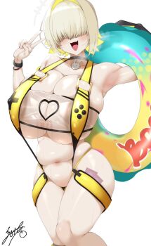 1girl aizawa_marimo areola_slip armpits belly black_choker blonde_hair blush breasts breasts_squeezed_together breath choker cleavage cleavage_cutout clothing_cutout colored_inner_hair commentary condom condom_wrapper condom_wrapper_in_clothes curvy dark_areolae elegg_(boom_and_shock)_(nikke) elegg_(nikke) facing_viewer fang feet_out_of_frame game_controller_print goddess_of_victory:_nikke hair_intakes hair_over_eyes heart_cutout huge_breasts innertube laughing long_bangs multicolored_hair navel official_alternate_costume open_mouth see-through_slingshot_swimsuit short_hair signature simple_background slingshot_swimsuit smile solo standing stomach sweat swim_ring swimsuit v white_background wristband yellow_slingshot_swimsuit