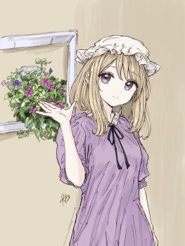 1girl black_ribbon blonde_hair commentary dress dress_ribbon flower flower_pot hat highres kashiwada_kiiho long_dress maribel_hearn medium_hair purple_eyes ribbon short_sleeves signature smile swept_bangs symbol-only_commentary touhou waving white_hat