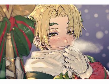 1boy 91007 alfred_(fire_emblem) alfred_(joyous_snowdrop)_(fire_emblem) blonde_hair commentary_request fire_emblem fire_emblem_engage fire_emblem_heroes gloves green_eyes looking_at_viewer male_focus nintendo official_alternate_costume santa_costume scarf short_hair solo white_gloves white_scarf