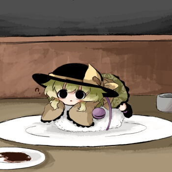 1girl black_eyes black_hat black_shoes green_hair green_skirt hat hat_ribbon heripantomorrow komeiji_koishi long_sleeves open_mouth plate ribbon rice shirt shoes short_hair skirt solo touhou yellow_ribbon yellow_shirt