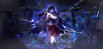 Rule 34 | 1girl, absurdres, arms behind back, bare shoulders, bdsm, black gloves, black hair, black leotard, blue hair, bondage, bound, bound arms, breast curtains, breasts, chaos zero nightmare, chizuru (chaos zero nightmare), cleavage, closed mouth, clothing cutout, colored inner hair, commentary, cup, elbow gloves, gloves, hair between eyes, hair ornament, hakama, hakama short skirt, hakama skirt, highres, holding, holding cup, japanese clothes, large breasts, leotard, long hair, looking at viewer, mechanical arms, mole, mole under eye, multicolored hair, nontraditional miko, purple eyes, red hakama, restrained, shibari, shield, sidelocks, single mechanical arm, skirt, solo, standing, strapless, strapless leotard, torii, two-tone hair, very long hair, wading, water, weapon, weapon on back, yirin