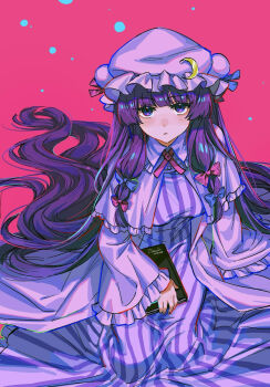 1girl absurdly_long_hair blue_bow blunt_bangs book bow breasts closed_mouth collared_dress commentary_request crescent crescent_hat_ornament dress frilled_sleeves frills hair_bow hair_spread_out hat hat_ornament highres holding holding_book long_hair long_sleeves looking_at_viewer medium_breasts mob_cap noriuma patchouli_knowledge pink_background pink_bow purple_dress purple_eyes purple_hair purple_hat revision sidelocks simple_background sitting solo striped_clothes striped_dress touhou vertical-striped_clothes vertical-striped_dress very_long_hair wide_sleeves