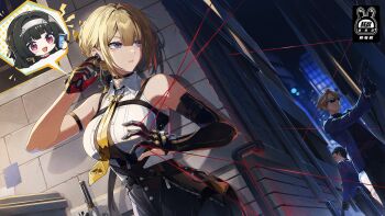 1girl 2boys against_wall arm_strap artist_request bare_shoulders black_choker black_gloves black_pants blonde_hair braid breasts bun_with_braided_base chest_harness choker dutch_angle elbow_gloves evelyn_chevalier film_grain gloves gun handgun harness high-waist_pants highres large_breasts multiple_boys necktie night official_art pants purple_eyes shirt short_hair single_elbow_glove sleeveless sleeveless_shirt string tight_clothes tight_pants uneven_bangs weapon white_shirt wire yellow_necktie zenless_zone_zero