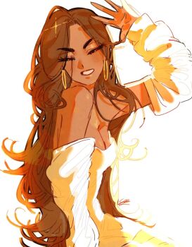 1girl alien_stage alternate_costume breasts brown_hair cleavage closed_eyes commentary dark-skinned_female dark_skin detached_sleeves dress earrings english_commentary facing_viewer from_side highres hoop_earrings hyuna_(alien_stage) jewelry long_hair long_sleeves pirasa_(everlandroads) signature smile solo strapless strapless_dress very_long_hair waving white_dress