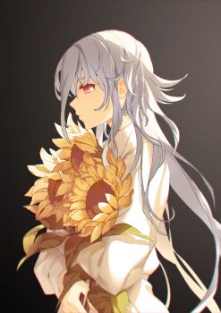 1girl aweto commentary_request flower gradient_background grey_hair holding holding_flower long_hair orange_hair original solo sunflower upper_body yellow_flower